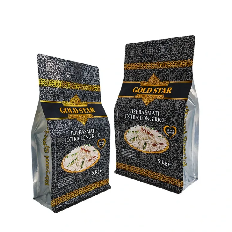 Black and gold printed flat bottom bag for basmati rice