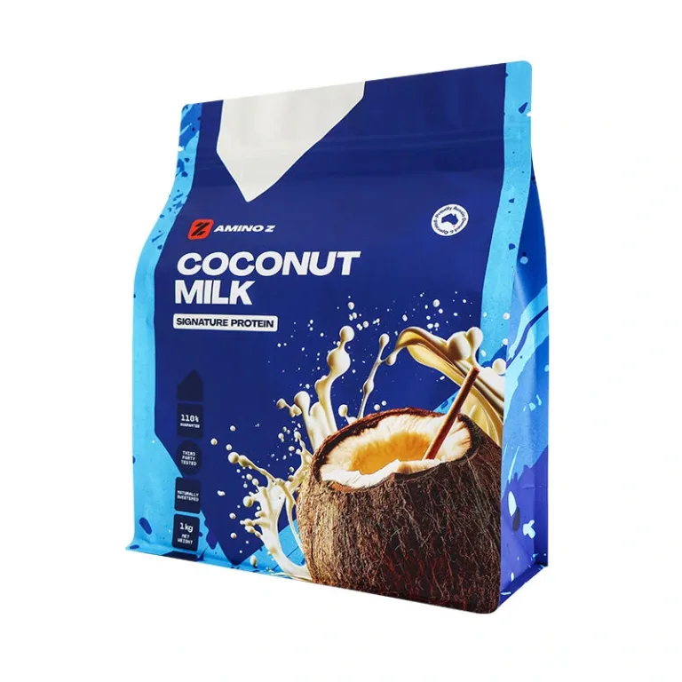 Blue flat bottom bag for coconut milk protein powder