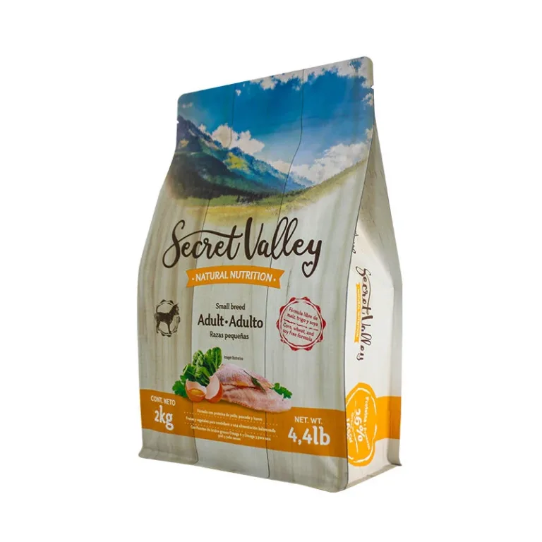 Kraft-style flat bottom bag for small breed dog food