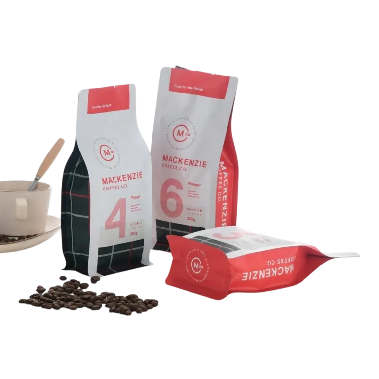 Plaid printed flat bottom bag for specialty coffee beans