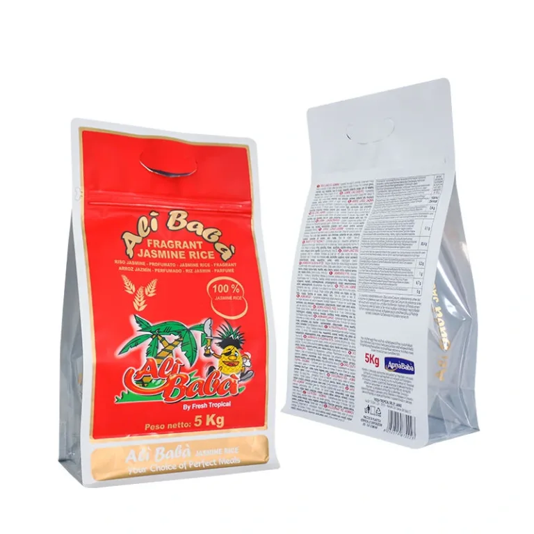 Red printed flat bottom bag for jasmine rice with handle