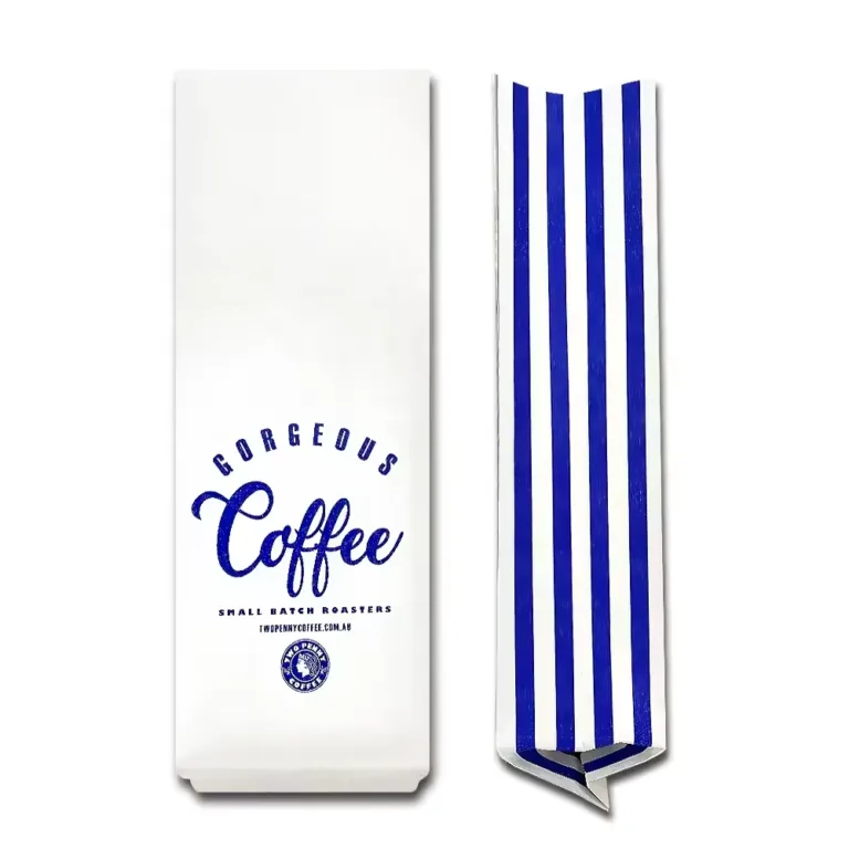 Blue stripe matte white side gusset coffee bag for small batch roasted coffee packaging