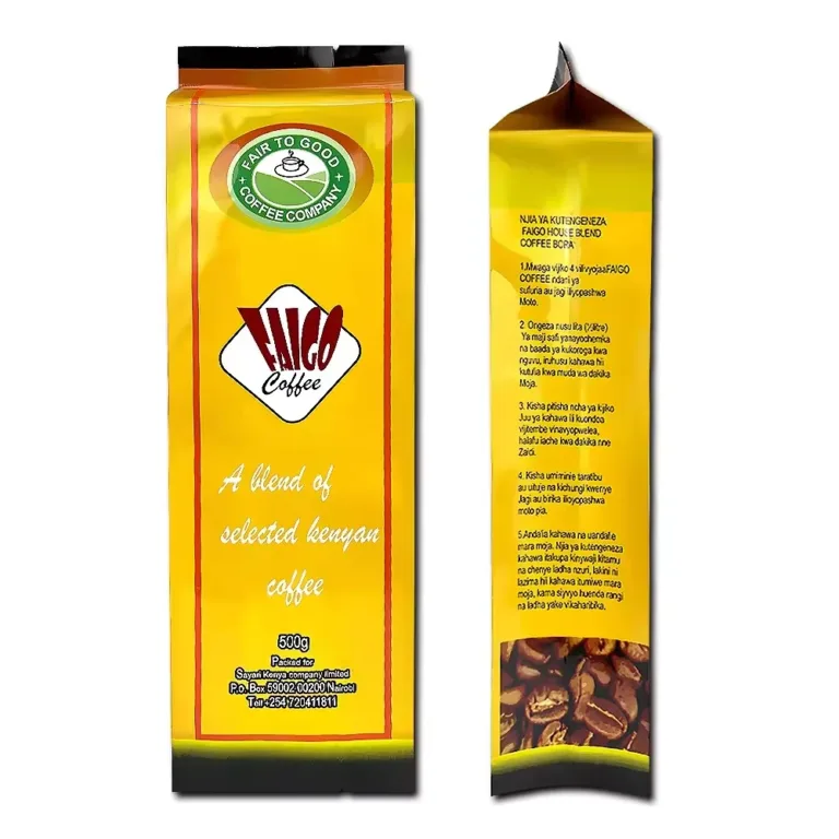 Custom printed yellow side gusset coffee pouch for Kenyan roasted coffee beans packaging