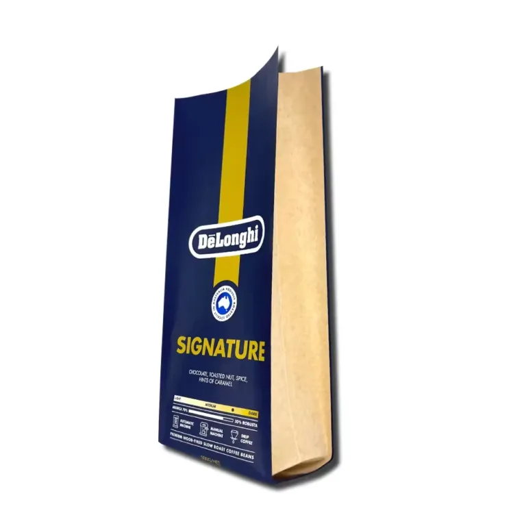 Dark blue kraft side gusset coffee bag with golden stripe for DeLonghi signature coffee