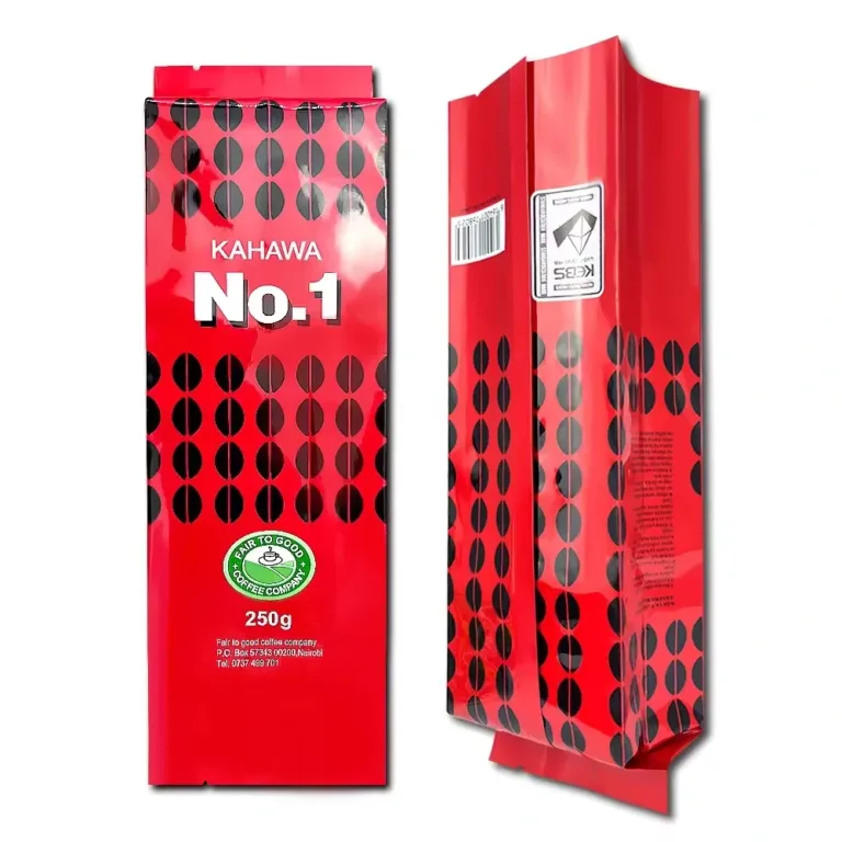 Glossy red side gusset coffee packaging bag for Kahawa No.1 roasted coffee beans