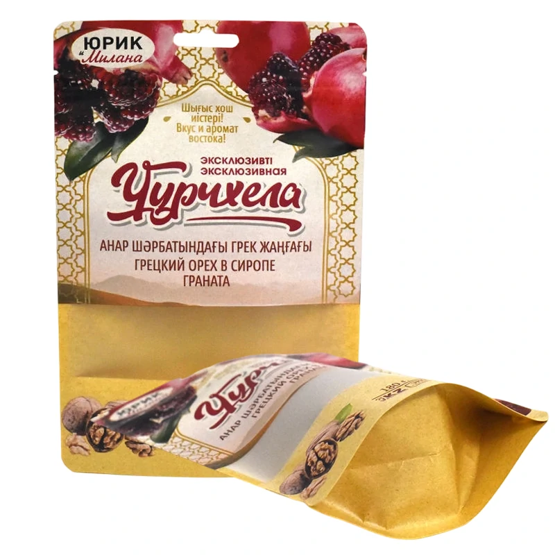 Printed kraft resealable pouch for walnut fruit snack