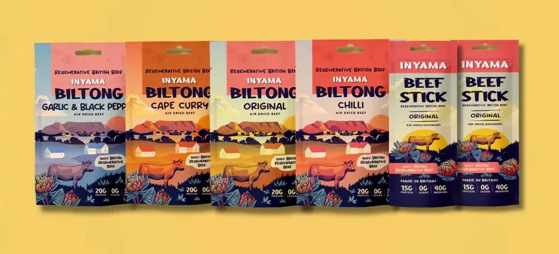 Assorted air dried beef biltong & stick snack packaging range