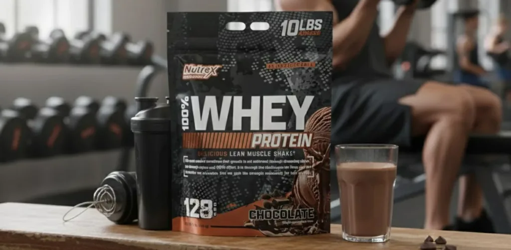 Black chocolate whey protein powder plastic stand up bag gym scene