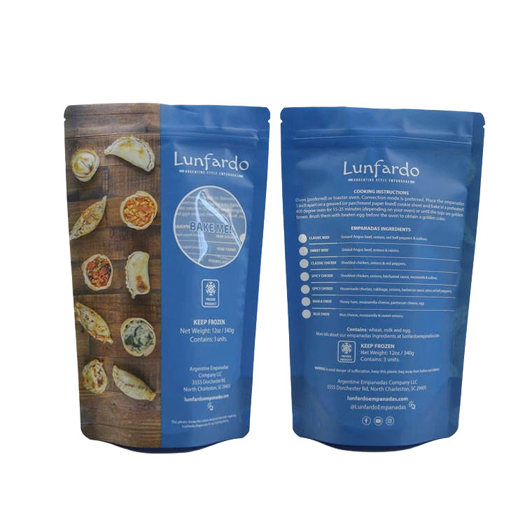Blue empanada frozen food stand up pouch front and back view