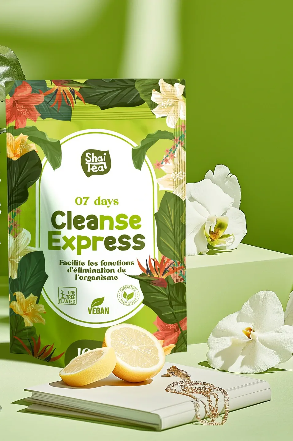 Green floral vegan detox tea resealable stand up packaging bag