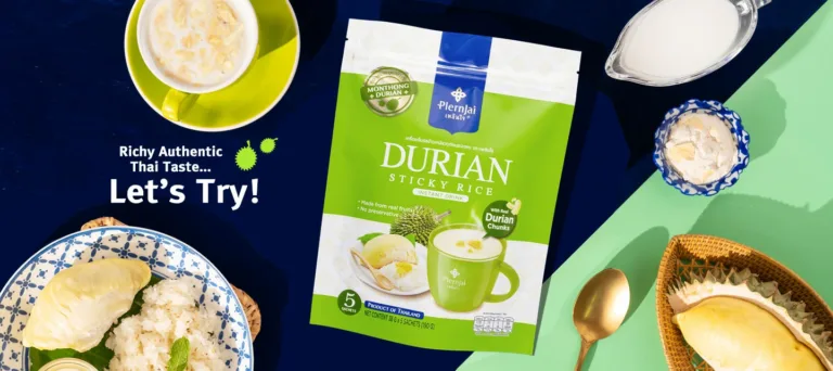 Green printed durian sticky rice instant drink zipper pouch lifestyle shot