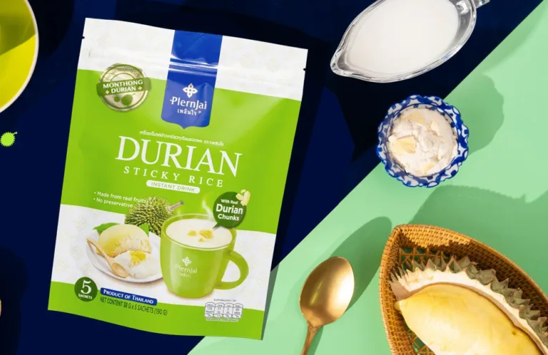 Green printed durian sticky rice instant drink zipper pouch lifestyle shot