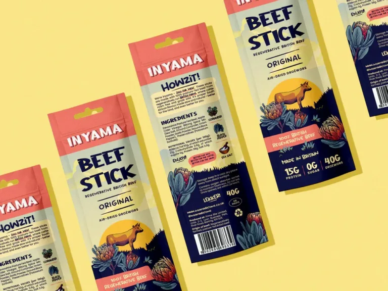 Illustrated beef stick hang hole snack packaging pouches mockup