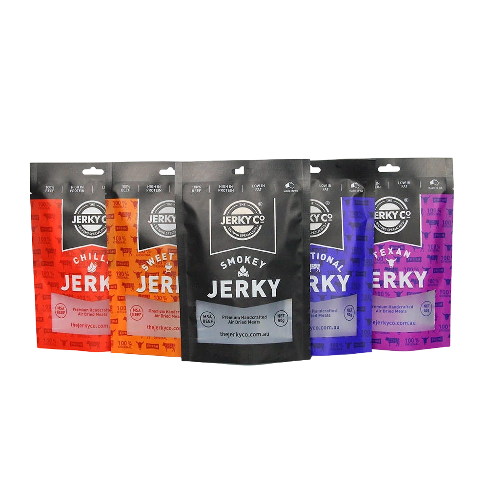 Multi-color assorted beef jerky printed resealable pouches collection