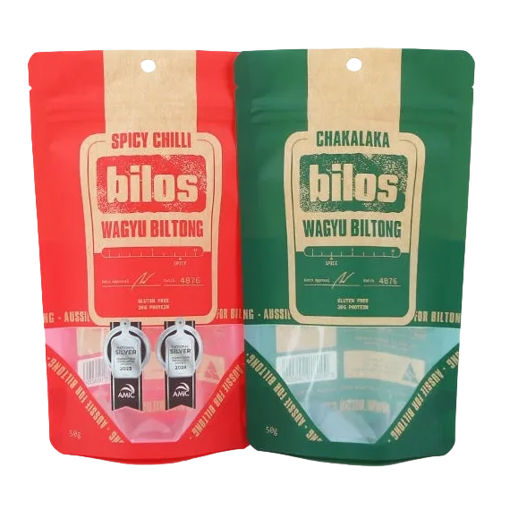 Red and green wagyu biltong transparent window stand up bags