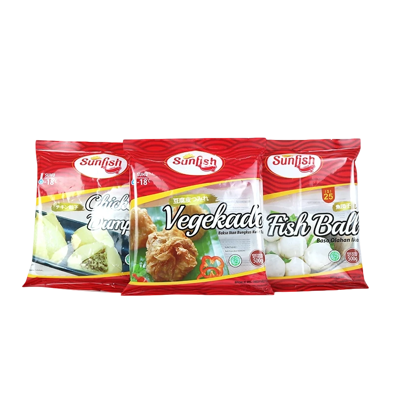 Red printed frozen fish ball and dumpling stand up pouches set
