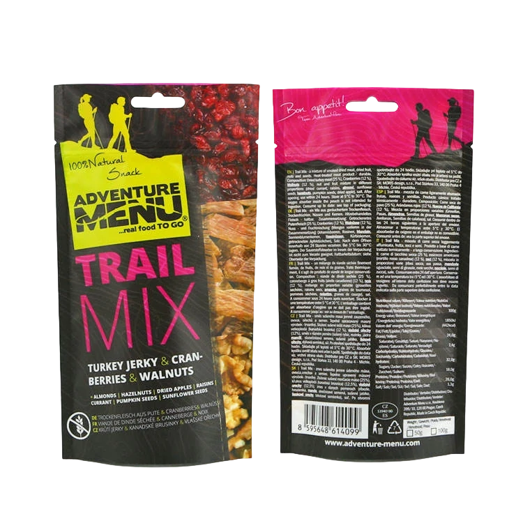 Turkey jerky trail mix snack pouch front and back view