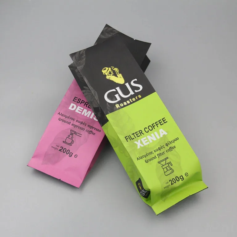Two color block side gusset ground coffee pouches 200g