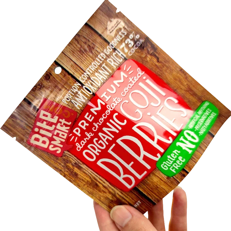 Wood grain printed chocolate coated goji berry snack pouch
