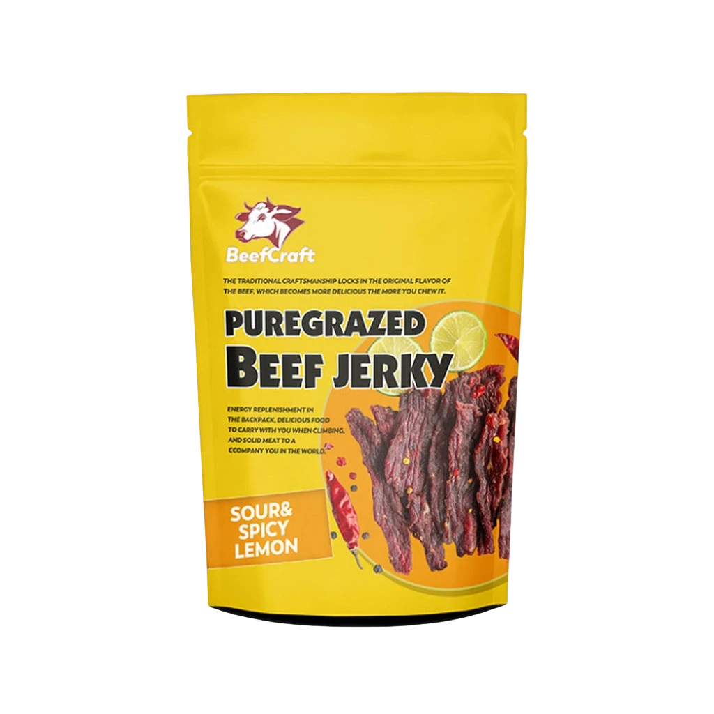 Yellow sour spicy lemon beef jerky stand up zipper pouch