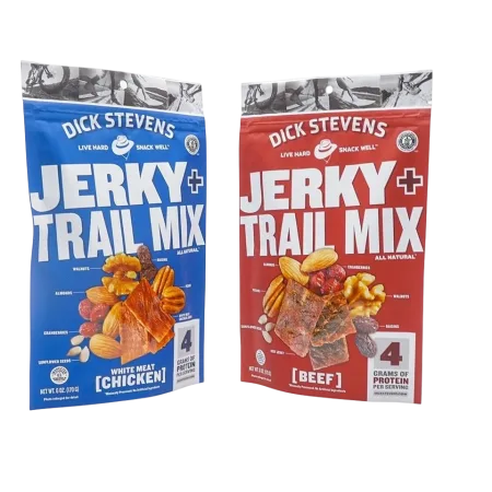 Blue and red jerky trail mix nut snack printed zipper pouches