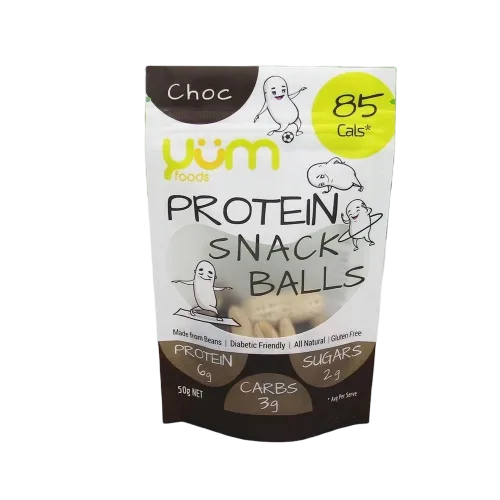 Chocolate protein snack ball stand up pouch
