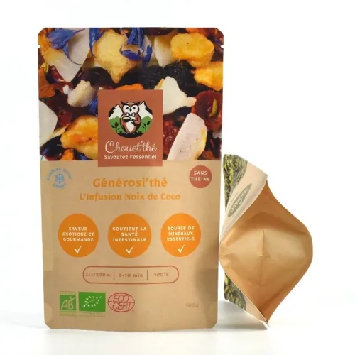Kraft stand up pouch for herbal coconut tea packaging