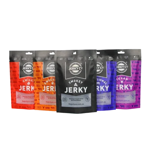 Multi-color assorted beef jerky printed resealable pouches collection
