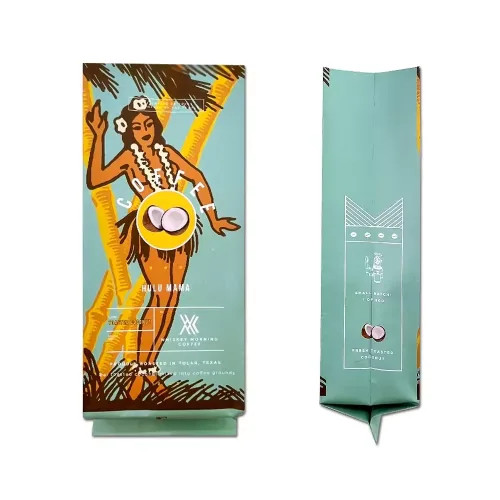 Vintage illustrated turquoise side gusset pouch for coconut flavored roasted coffee